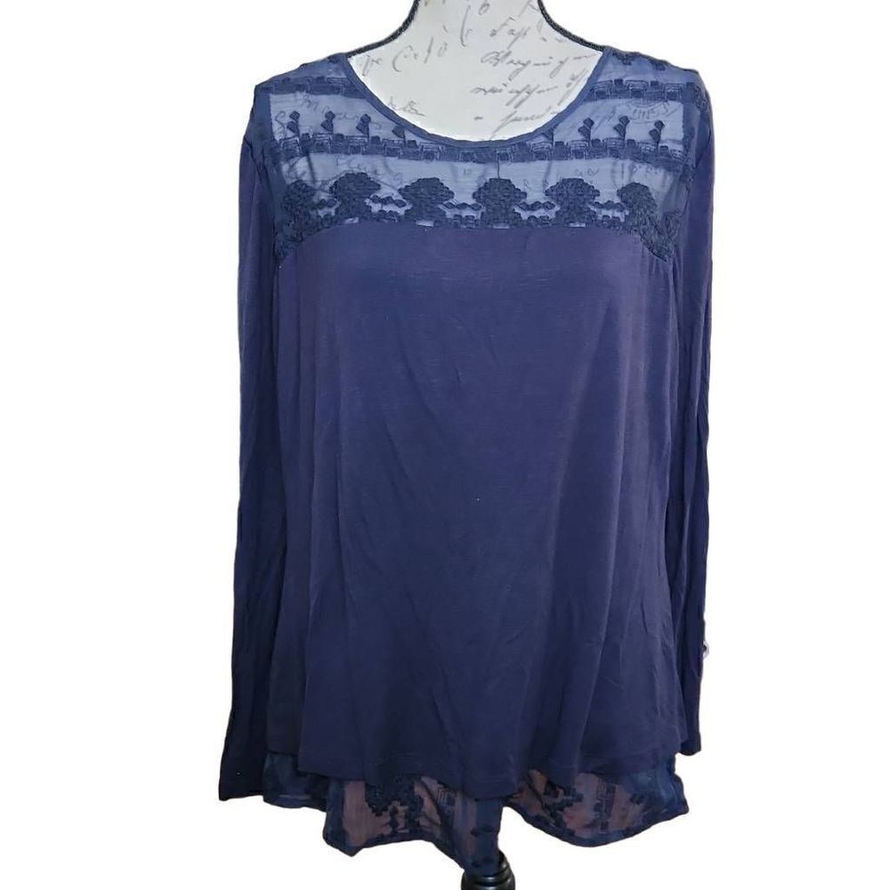 Adiva Ladies Size Large Navy Blue Mixed Material Split Yoke Back Long Sleeve Top